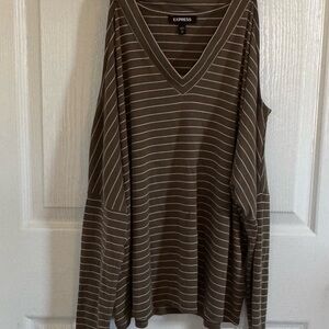 Express -Taupe & White Striped V-Neck Top with Cut out Shoulders,Women’s Size M